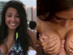 super-sexy bitch juggles Her thick baps In A magnificent swimsuit Like A super-naughty rod jacking slut